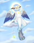&lt;3 3_eyes absurd_res ambiguous_gender angel angie_imagines anthro choker cloud fan_character feathered_wings feathers felid feline fluffy glowing glowing_eyes glowing_halo halo head_wings hi_res hybrid jewelry mammal multi_eye necklace pawpads paws sitting_on_cloud solo spread_wings winged_arms wings