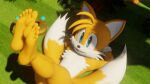 3d_(artwork) 5_toes anthro canid canine digital_media_(artwork) feet foot_focus fox hands_behind_head hi_res humanoid_feet legs_up looking_at_viewer lying male mammal miles_prower on_back plantigrade sega solo sonic_the_hedgehog_(series) toes twintails3d