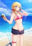  1girl absurdres another_eden beach bikini blonde_hair blue_eyes blush breasts cellphone character_request day food highres holding holding_food holding_ice_cream holding_phone ice_cream ice_cream_cone long_hair low_twintails navel ocean open_clothes open_shorts outdoors phone renri_(another_eden) short_shorts shorts sky slime_(user_jpds8754) small_breasts smartphone solo swimsuit thigh_strap twintails water water_gun 