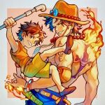  2boys age_comparison aged_down aokamei arm_tattoo back_tattoo bead_necklace beads black_hair cowboy_hat fire freckles hat holding holding_weapon jewelry lead_pipe log_pose looking_at_viewer multiple_boys necklace one_piece orange_headwear portgas_d._ace short_hair sleeveless smile tattoo teeth time_paradox topless_male weapon 