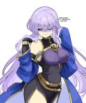  1girl alternate_costume bare_shoulders belt blue_cape breasts cape corruption dark_persona evil_smile facial_mark fire_emblem fire_emblem:_genealogy_of_the_holy_war forehead_mark julia_(fire_emblem) large_breasts long_hair purple_hair red_eyes simple_background smile solo very_long_hair yukia_(firstaid0) 
