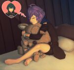  1boy 1girl barefoot bed bernadetta_von_varley blue_eyes byleth_(fire_emblem) byleth_(fire_emblem)_(male) closed_eyes commentary_request feet fire_emblem fire_emblem:_three_houses garreg_mach_monastery_uniform green_hair hood hood_down legs messy_hair mixed-language_commentary object_hug pillow purple_hair rimviolet short_hair shorts shorts_under_skirt sitting smile soles solo_focus stuffed_animal stuffed_toy teddy_bear thought_bubble toes 