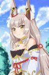  1girl absurdres animal_ear_fluff animal_ears bare_shoulders bell blue_sky blurry blurry_background blush breasts brown_eyes cleavage closed_mouth cloud commentary_request day depth_of_field detached_sleeves facial_mark grey_hair highres jingle_bell long_hair low_twintails medium_breasts nia_(blade)_(xenoblade) nia_(xenoblade) outdoors sky smile solo tokuh_(toku_h_) twintails upper_body very_long_hair white_sleeves xenoblade_chronicles_(series) xenoblade_chronicles_2 