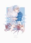  1girl amenojaku animal_hug artist_logo artist_name bare_legs barefoot blue_background blue_eyes blue_hair blue_shirt border circle closed_mouth crab crescent crescent_hair_ornament full_body hair_ornament hairclip highres jellyfish light_blue_hair long_sleeves looking_at_viewer loose_clothes loose_shirt original outside_border shirt short_hair signature sitting sleeves_rolled_up wariza white_border 