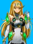  1girl aqua_gemstone arm_guards bare_shoulders black_pantyhose blonde_hair breasts chest_jewel collarbone dress drop_earrings earrings elbow_gloves gloves jewelry large_breasts long_hair microdress mythra_(massive_melee)_(xenoblade) mythra_(xenoblade) neon_trim pantyhose ribbed_dress rokuba sleeveless sleeveless_dress solo super_smash_bros. suspenders swept_bangs tiara very_long_hair white_dress white_gloves xenoblade_chronicles_(series) xenoblade_chronicles_2 yellow_eyes 