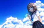  1girl blue_eyes bottle brown_hair day from_below highres holding holding_bottle long_hair looking_at_viewer midriff neckerchief original outdoors pleated_skirt ramune school_uniform serafuku short_sleeves skirt sky solo wabi_chazuke water_drop 