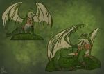 absurd_res bronze_armor concept_art dragon duo emerald_(gem) ermei eyol female feral gem green_background hi_res male plant scales secrets_of_uncrom simple_background uncrom visha wings yenocwolf