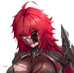  1girl absurdres ahoge android angry armor artist_name black_armor blood blood_on_face bodystocking boobplate breasts cleavage clenched_teeth commentary goddess_of_victory:_nikke hair_between_eyes hazard_(h_zard) highres large_breasts long_hair mechanical_parts nihilister_(nikke) red_eyes red_hair see-through see-through_cleavage shoulder_armor sidelocks simple_background solo teeth torn_bodystocking torn_clothes upper_body white_background 