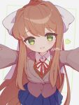  1girl anzen_robo_(474zz) blue_skirt border brown_hair coat cowboy_shot doki_doki_literature_club green_border green_eyes grey_coat hair_intakes heart long_hair looking_at_viewer monika_(doki_doki_literature_club) outside_border pov ribbon school_uniform shirt skirt smile solo twitter_username very_long_hair white_background white_ribbon white_shirt 