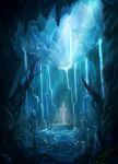  absurdres blue_theme cave fantasy highres original planted_sword planted_weapon scenery soumura stalactite sword water waterfall weapon 