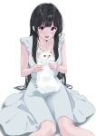  1girl :d absurdres animal black_hair cat dress feet_out_of_frame highres holding holding_animal holding_cat kimi_wo_aishita_hitori_no_boku_e long_hair looking_at_viewer purple_eyes qto_toto satou_shiori_(kimiai) sleeveless sleeveless_dress smile solo white_cat white_dress 