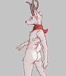  anthro antlers arm_tuft big_ears black_nose brown_body brown_fur butt butt_markings cervid cervine elbow_tufts facial_markings fluffy fur grey_background grey_body grey_fur head_markings horn lawyerdog looking_back male mammal markings neck_tuft nipples nude pose rear_view red_eyes red_scarf scarf scut_tail simple_background snout solo spots_(marking) tuft turning_around white_body white_fur 