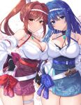  2girls alternate_costume awayuki_ramika black_gloves blue_eyes blue_hair blush breast_press breasts caeda_(fire_emblem) chest_jewel cleavage commentary_request commission core_crystal_(xenoblade) cosplay crossover detached_sleeves fingerless_gloves fire_emblem fire_emblem:_mystery_of_the_emblem fire_emblem:_shadow_dragon_and_the_blade_of_light glimmer_(xenoblade) glimmer_(xenoblade)_(cosplay) gloves highres large_breasts long_hair looking_at_viewer multiple_girls obi ponytail red_hair sash skeb_commission smile thighs very_long_hair white_background xenoblade_chronicles_(series) xenoblade_chronicles_3 yellow_eyes 