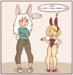 animal_humanoid blonde_hair blush breasts bulge cleavage clothed clothing dialogue duo english_text eyes_closed fake_ears fake_rabbit_ears female gynomorph hair half-closed_eyes human humanoid intersex lagomorph lagomorph_humanoid leotard leporid_humanoid long_sleeve_shirt mammal mammal_humanoid narrowed_eyes open_mouth playboy_bunny playboy_outfit rabbit_humanoid red7cat simple_background speech_bubble tan_background text white_hair