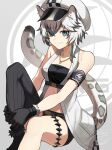  1girl animal_ears arknights armband bandeau bare_arms bare_shoulders black_gloves black_legwear black_shorts blue_eyes breasts cliffheart_(arknights) feb_itk fur_trim gloves hat highres jewelry knee_up leg_hug leopard_ears leopard_girl leopard_tail looking_at_viewer medium_breasts multicolored_hair necklace open_clothes peaked_cap revealing_clothes ribbed_legwear short_hair short_shorts shorts single_thighhigh sitting sleeveless smile solo stomach tail thighhighs thighlet thighs two-tone_hair white_hair white_headwear 