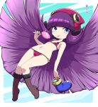  1girl bikini blunt_bangs boots candy character_request copyright_request flat_chest food lollipop long_hair looking_at_viewer navel nollety purple_hair solo swimsuit tongue tongue_out very_long_hair 
