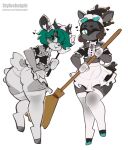 anthro blue_eyes blue_tongue bradley_(stylusknight) broom butt cleaning_tool clothing deer duo flirting girly green_eyes green_hair green_tongue hair hi_res hoofy_(hoofydeer) maid_uniform male mammal presenting presenting_hindquarters stylusknight tongue uniform