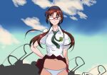  1girl blue_sky brown_hair cloud collared_shirt green_eyes green_necktie hairband makinami_mari_illustrious navel necktie neon_genesis_evangelion panties rebuild_of_evangelion red-framed_eyewear scene_reference school_uniform shirt short_sleeves sky underwear white_panties white_shirt wind wind_lift wss_(curewss) 