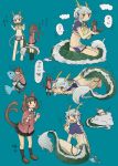  2girls :3 all_fours animal_ears ankle_socks antlers asymmetrical_sidelocks bakeneko barefoot black_skirt black_socks blue_background blush braid braided_ponytail breasts brown_footwear brown_hair cat_ears cat_girl cat_tail claw_pose cleavage_cutout closed_mouth clothing_cutout cloud collared_shirt cropped_jacket dragon_ears dragon_girl dragon_tail fang fang_out full_body fur-tipped_tail giant giantess green_nails green_scales grey_hair hands_up headpat highres horns hugging_object in_palm jacket japanese_clothes kneeling large_breasts lifted_by_tail loafers long_hair long_sleeves long_tail looking_at_another looking_back michiyuki multiple_girls multiple_tails multiple_views navel one_eye_closed original paw_pose pleated_skirt purple_jacket sachilko_(motiko) scales shirt shoes short_sleeves simple_background sitting skirt sleep_bubble sleeping slit_pupils socks sparkle standing stuffed_animal stuffed_fish stuffed_toy tail tail_raised thought_bubble translation_request twintails two_tails v very_long_hair white_shirt yellow_eyes zzz 
