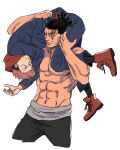  2boys abs bara black_hair carrying carrying_over_shoulder carrying_person couple cropped_legs eye_contact frown itadori_yuuji jujutsu_kaisen looking_at_another male_focus multiple_boys muscular muscular_male pectorals scar scar_across_eye short_hair sideburns smile topless_male toudou_aoi_(jujutsu_kaisen) undercut wa_(chichi_chichin) yaoi 