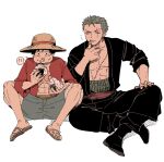  ... 2boys abs black_eyes black_hair chewing earrings eating flip-flops food food_on_face full_body green_hair haramaki hat jewelry looking_at_another male_focus monkey_d._luffy multiple_boys neshogatsu_co one_eye_closed one_piece onigiri open_clothes pectoral_cleavage pectorals roronoa_zoro sandals scar scar_across_eye scar_on_cheek scar_on_chest scar_on_face short_hair shorts sideburns simple_background single_earring sitting speech_bubble spoken_ellipsis straw_hat tongue tongue_out white_background yaoi 