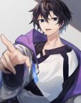  1boy absurdres black_hair blue_eyes blurry blurry_foreground highres hood hooded_jacket jacket looking_at_viewer male_focus off_shoulder original pointing pointing_at_viewer shirt short_hair slime_(user_jpds8754) smile solo tongue tongue_out 