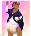 absurd_res anthro bear big_diaper bodily_fluids clothing diaper extremius_amphibious female genital_fluids hi_res holding_object holding_potion mammal open_mouth potion robe side_view slightly_chubby solo standing underwear urine wet_diaper wetting