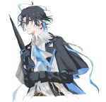  1boy arknights ascot black_cape black_gloves black_hair blue_ascot blue_gloves blue_hair cape collared_shirt colored_inner_hair commentary_request cropped_torso frown gloves highres hishoti_cheese holding holding_umbrella lumen_(arknights) male_focus multicolored_hair pointy_ears scarf serious shirt simple_background solo two-sided_gloves umbrella unfinished white_background white_scarf white_shirt yellow_eyes 