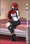  1girl absurdres arms_behind_back bdsm bed black_skirt bondage boots bound bow bowtie breasts gag gekkoukan_high_school_uniform hair_over_one_eye high_heel_boots high_heels highres just_some_guy kirijou_mitsuru knee_boots long_hair persona persona_3 red_bow red_bowtie red_eyes red_hair restrained school_uniform shirt skirt uniform white_shirt 