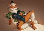  2021 abs anthro anthrofied arcanine bottomless breast_fondling breast_grab breasts canid canine cheek_tuft clothed clothing digital_media_(artwork) facial_markings facial_tuft female fondling foxovh fur genitals hand_on_breast head_markings leg_tuft lying mammal markings neck_tuft nintendo nipples on_back open_clothing open_shirt open_topwear pok&eacute;mon pok&eacute;mon_(species) pok&eacute;morph pussy self_fondle shirt simple_background solo topwear tuft video_games 