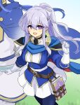  1boy 1girl belt blue_cape blue_hair book brother_and_sister cape circlet cosplay fire_emblem fire_emblem:_genealogy_of_the_holy_war gloves julia_(fire_emblem) long_hair looking_at_viewer open_mouth ponytail purple_eyes purple_hair seliph_(fire_emblem) seliph_(fire_emblem)_(cosplay) siblings skirt white_gloves yukia_(firstaid0) 