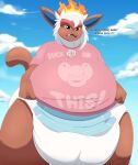 absurd_res anthro big_diaper clean_diaper clothing diaper extremius_amphibious generation_4_pokemon hi_res infernape jewelry looking_at_viewer looking_down low-angle_view male necklace nintendo overweight pokemon pokemon_(species) shirt solo t-shirt text thick_thighs topwear underwear worm&#039;s-eye_view
