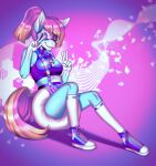 anthro arh big_diaper clothing country_curves_(oc) diaper equid equine eyewear footwear gesture goggles hair knee_highs knee_socks legwear long_socks mammal pacifier ponytail poofy_diaper shoes sitting sneakers socks underwear v_sign