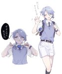  1boy aged_down bag blue_eyes blue_necktie closed_eyes crime_prevention_buzzer genshin_impact highres kamisato_ayato male_focus necktie open_mouth purple_eyes school_bag shirt short_hair shorts solo speech_bubble sweater_vest white_shirt white_shorts yunikuso 