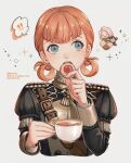  1girl annette_fantine_dominic aqua_eyes breasts cookie eating fire_emblem fire_emblem:_three_houses food garreg_mach_monastery_uniform hair_rings highres juliet_sleeves long_sleeves mercedes_von_martritz mhsk154 open_mouth orange_hair puffy_sleeves solo_focus tea 