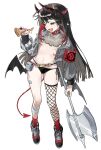  1girl absurdres armband asymmetrical_clothes axe bandaged_leg bandages belt_collar black_eyes black_hair black_panties breasts bright_pupils collar contrapposto demon_girl demon_horns demon_wings eyeball fang food full_body fur_collar grey_jacket heart heart_tattoo highres holding holding_axe holding_food holding_pizza horns jacket long_hair long_pointy_ears long_sleeves low_wings multiple_horns navel open_mouth original panties pizza pointy_ears red_socks seeshin_see side-tie_panties simple_background single_fishnet_legwear skin_fang small_breasts socks solo tattoo underwear white_background white_pupils wings 
