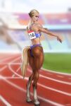 animal_humanoid animal_legs athlete athletic athletic_female athletic_humanoid athletic_wear atomx blonde_hair bottomless bra brown_body brown_fur butt camel_toe clothed clothing equid equid_humanoid equine equine_humanoid female fur hair hi_res hooves horse_humanoid humanoid looking_at_viewer looking_back looking_back_at_viewer mammal mammal_humanoid partially_clothed satyr solo sports_bra tail track_and_field underwear yellow_tail