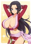  1girl arms_behind_head artist_name black_hair blue_eyes boa_hancock border breasts cleavage collarbone cowboy_shot crop_top earrings fanbox_username jewelry large_breasts long_hair long_sleeves looking_at_viewer midriff navel one_piece pink_sash polka_dot print_sarong red_sarong red_shirt sarong sash shiny_skin shirt smile snake_earrings solo standing virus-g white_border yellow_background 