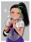  1girl black_hair dark-skinned_female dark_skin fingerless_gloves freckles gloves green_hair interlocked_fingers looking_at_viewer multicolored_hair necktie nemona_(pokemon) own_hands_clasped own_hands_together penguinbu pokemon pokemon_sv ponytail purple_necktie purple_shorts school_uniform shirt shorts single_glove smile two-tone_hair upper_body uva_academy_school_uniform white_shirt yellow_eyes 