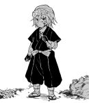  1boy aged_down and_rira arm_at_side arm_wrap child corpse crystal disembodied_head earrings facepaint forehead_protector frown full_body gloves greyscale hair_between_eyes hand_up holding holding_weapon japanese_clothes jewelry kimetsu_no_yaiba kunai leg_wrap long_sleeves looking_at_viewer male_focus monochrome ninja pants sandals sash short_hair short_sleeves tabi uzui_tengen weapon zouri 