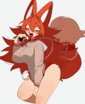 2024 4_fingers anthro blush breasts canid canine chain chain_leash claws clothing collar cute_fangs digital_media_(artwork) dipstick_tail eyes_closed female female_anthro finger_claws fingers fur hair happy hi_res kemono leash long_hair mammal markings mei_kemo open_mouth open_smile panties pantsless_anthro pantsless_female pawpads paws red_body red_fur red_hair smile smiling_at_viewer solo tail tail_markings underwear white_body white_fur