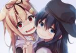  2girls akatsuki_(kantai_collection) anchor_symbol black_hair black_ribbon black_sailor_collar black_serafuku blonde_hair blue_eyes commentary_request flat_cap grey_background hair_between_eyes hair_flaps hair_ornament hair_ribbon hairclip hat highres holding_hands kantai_collection long_hair looking_at_viewer multiple_girls neckerchief open_mouth red_eyes red_neckwear remodel_(kantai_collection) ribbon sailor_collar scarf school_uniform serafuku smile taisho_(gumiyuki) trembling upper_body wavy_mouth white_background white_scarf yuudachi_(kantai_collection) 