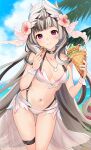  1girl alternate_costume ass_visible_through_thighs bikini black_hair breasts choker feather_hair_ornament feathers fire_emblem fire_emblem_engage food grey_hair hair_ornament haru_(nakajou-28) highres holding holding_food long_hair looking_at_viewer multicolored_hair navel petite purple_eyes small_breasts solo swimsuit two-tone_hair very_long_hair veyle_(fire_emblem) white_bikini 