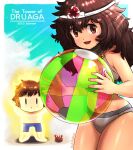  1boy 1girl 2023 black_hair chibi circlet closed_mouth cloud crab druaga_no_tou gilgamesh_(druaga) highres kainan ki_(druaga) long_hair looking_at_viewer navel nipples open_mouth smile swimsuit 