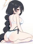  1girl ass bare_arms bare_legs bare_shoulders barefoot black_hair blue_archive blush braid breasts choker commentary halo highres hinata_(blue_archive) hinata_(swimsuit)_(blue_archive) io9 large_breasts long_hair official_alternate_costume one-piece_swimsuit open_mouth red_eyes simple_background single_braid soles solo swimsuit toes white_background white_choker white_one-piece_swimsuit yellow_halo 
