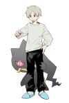  1boy banette black_pants blue_footwear grey_hair grey_shirt grey_socks hand_on_own_hip hand_up hiding hiding_behind_another highres leg_grab long_sleeves looking_at_another looking_down looking_to_the_side newo_(shinra-p) one_eye_covered original pants pokemon pokemon_(creature) red_eyes shirt short_hair shy simple_background slippers socks surprised white_background 