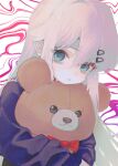  1girl blue_eyes hair_ornament hairclip highres long_hair looking_at_viewer original parted_lips solo stuffed_animal stuffed_toy sweater tearing_up teddy_bear upper_body white_hair yagiusagi 