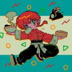  1girl bandana black_footwear braid braided_ponytail chinese_clothes circle food highres menma_(enaic31) noodles p-chan pig ramen ranma-chan ranma_1/2 signature triangle yellow_bandana 