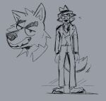 anthro canid cheek_tuft clothed clothing dreamworks facial_tuft famir_(artist) fangs front_view grin hat headgear headwear hi_res looking_at_viewer male mammal monochrome mouth_closed mr._wolf_(the_bad_guys) narrowed_eyes smile solo standing teeth the_bad_guys tuft