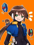  1boy 1girl aile_(mega_man_zx) black_bodysuit blue_jacket bodysuit brown_hair cropped_jacket green_eyes highres jacket linkle149 long_hair mega_man_(series) mega_man_zx mega_man_zx_advent model_x_(mega_man) model_z_(mega_man) open_clothes open_jacket ponytail smug tagme vent_(mega_man) 